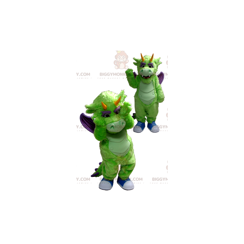 Costume de mascotte BIGGYMONKEY™ de dragon vert et violet - Costume de mascotte BIGGYMONKEY™ de dragon vert et violet -