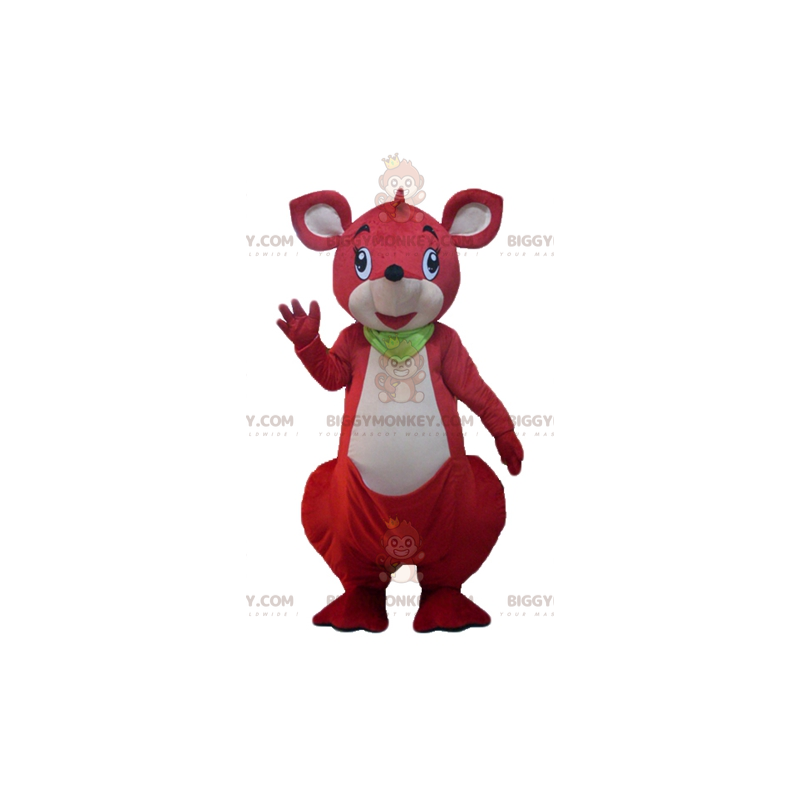 BIGGYMONKEY™ Mascottekostuum Rode en witte kangoeroe met groene BIGGYMONKEY™ Mascottekostuum Rode en witte kangoeroe met groene