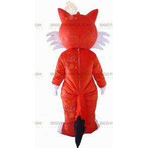 Traje de mascote de olhos azuis de raposa laranja e branca