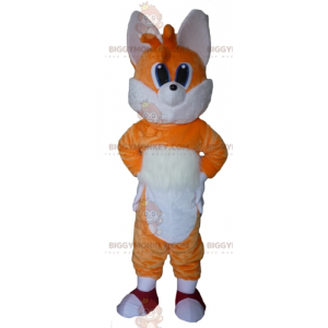 Traje de mascote de olhos azuis de raposa laranja e branca