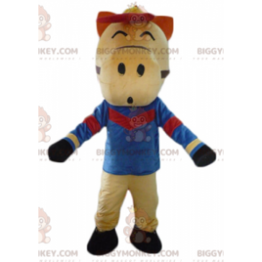 Kostým červenohnědého maskota koně BIGGYMONKEY™ v modrém –