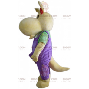 Traje de mascote BIGGYMONKEY™ Canguru amarelo com macacão roxo