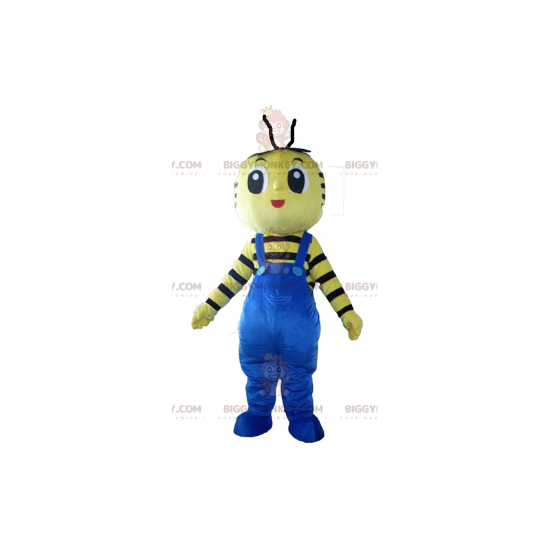 Gult och svart bi BIGGYMONKEY™ maskotdräkt med blå overall - Gult och svart bi BIGGYMONKEY™ maskotdräkt med blå overall -