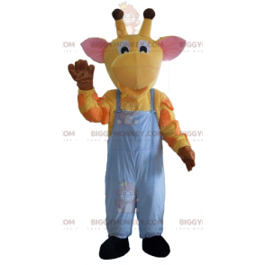 BIGGYMONKEY™ Maskotdräkt Gul Orange Rosa giraff i overall - Djungeldjur - BIGGYMONKEY_03048 - BiggyMonkey.com