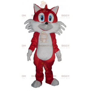 Traje de mascote de raposa vermelha e branca de olhos azuis