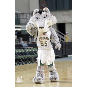 BIGGYMONKEY™ maskotkostume Grå og hvid ulv i basketballtøj -