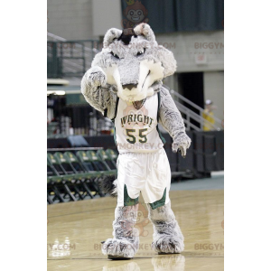 Kostým BIGGYMONKEY™ maskota šedého a bílého vlka v basketbalovém oblečení