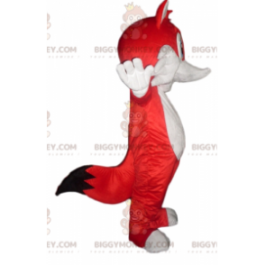 Disfraz de mascota de zorro rojo y blanco de ojos azules