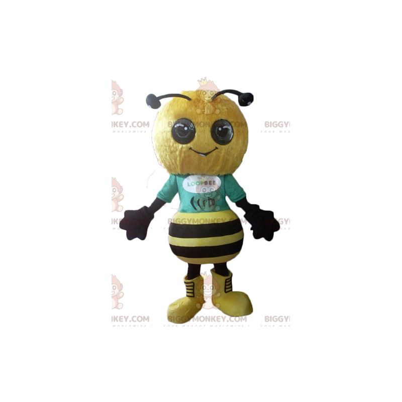 Traje de mascote BIGGYMONKEY™ de abelha amarela e preta muito Traje de mascote BIGGYMONKEY™ de abelha amarela e preta muito