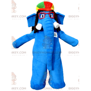 Στολή μασκότ Blue Elephant BIGGYMONKEY™ με γυαλιά και πολύχρωμο καπέλο - Μασκότ ελεφάντων - BIGGYMONKEY_0359 - BiggyMonkey.com