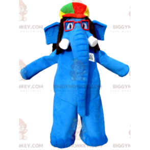 Blue Elephant BIGGYMONKEY™ maskottiasu, jossa lasit ja värikäs hattu - Elefantti-maskotit - BIGGYMONKEY_0359 - BiggyMonkey.com
