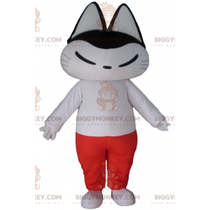 Kostým černo-bílé kočky BIGGYMONKEY™ maskota v bílo-červeném