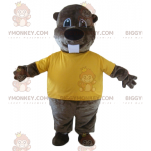 Brown Beaver BIGGYMONKEY™ Mascot Costume With Yellow T-Shirt -