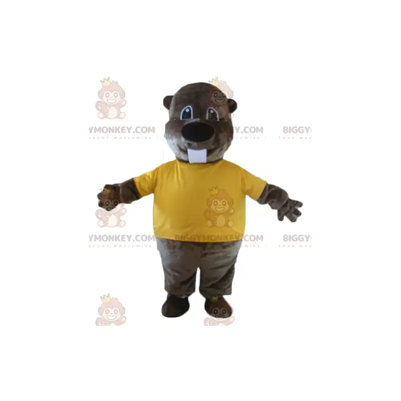 Brun bæver BIGGYMONKEY™ maskotkostume med gul T-shirt -