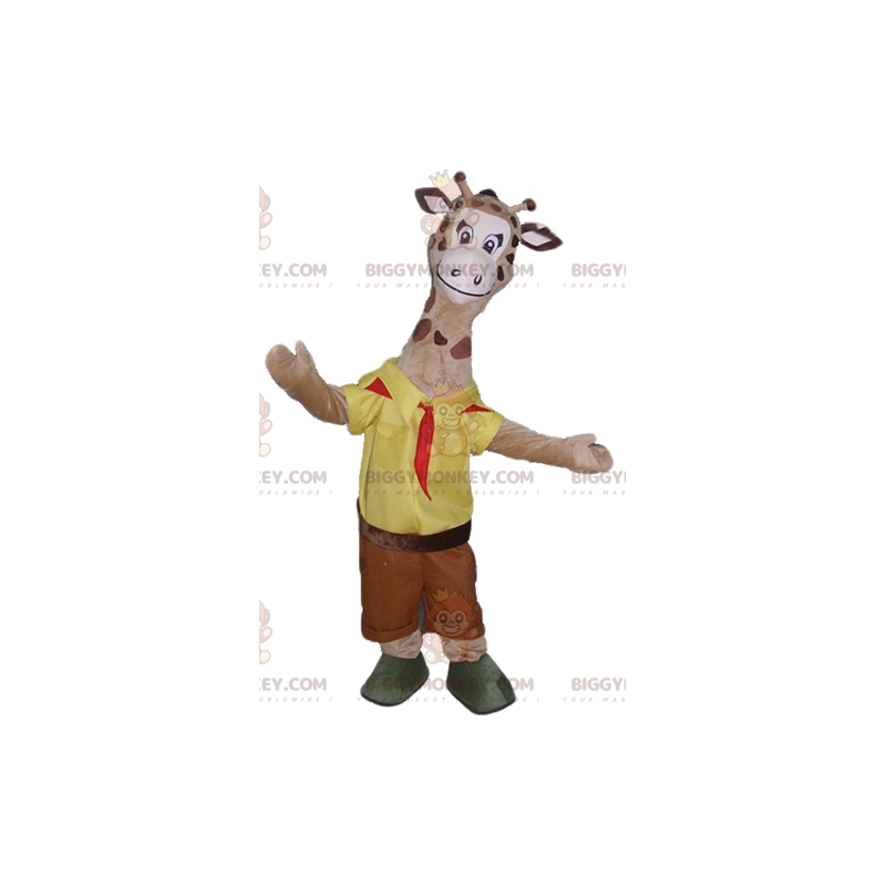 BIGGYMONKEY™ maskotdräkt av brun giraff i gul och röd BIGGYMONKEY™ maskotdräkt av brun giraff i gul och röd