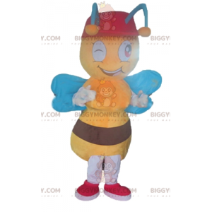 BIGGYMONKEY™ Maskotdräkt Gult och brunt bi med blå vingar -