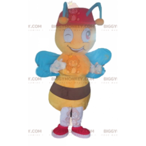 BIGGYMONKEY™ maskotkostume Gul og brun bi med blå vinger -