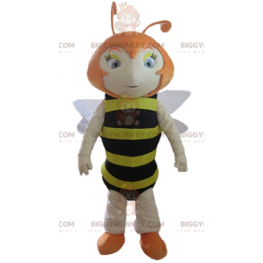 Traje de mascote de abelha gengibre listrado preto e amarelo