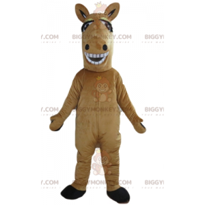 Costume da mascotte gigante sorridente marrone e cavallo bianco