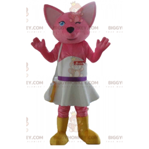 Fuchsrosa Katze BIGGYMONKEY™ Maskottchenkostüm mit weißem Kleid