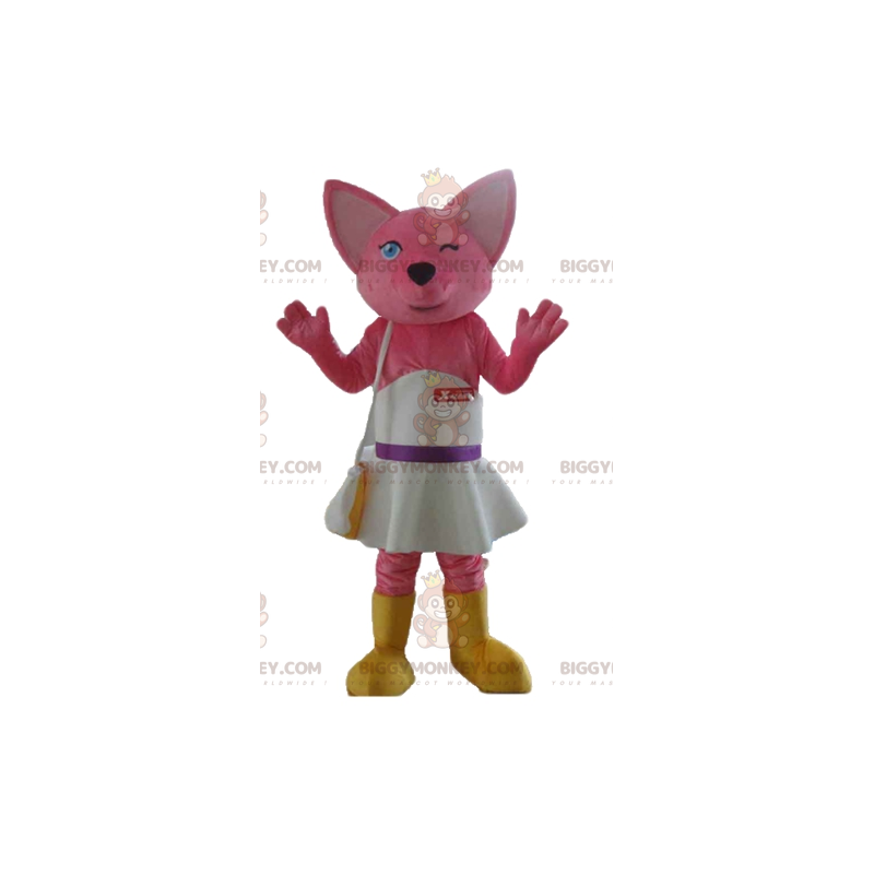 Rævelyserød kat BIGGYMONKEY™ maskotkostume med hvid kjole - Rævelyserød kat BIGGYMONKEY™ maskotkostume med hvid kjole -