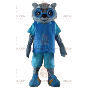 BIGGYMONKEY™ Mascot Costume of Gray Cat in Blue Outfit with
