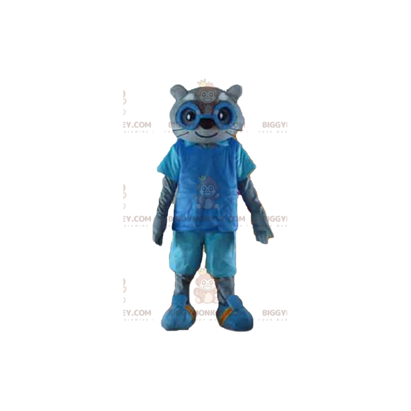 BIGGYMONKEY™ Mascot Costume of Gray Cat in Blue Outfit with BIGGYMONKEY™ Mascot Costume of Gray Cat in Blue Outfit with