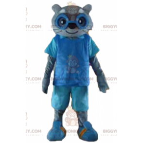 Traje de mascote BIGGYMONKEY™ de gato cinza em traje azul com óculos - Mascotes de gatos - BIGGYMONKEY_03120 - BiggyMonkey.com