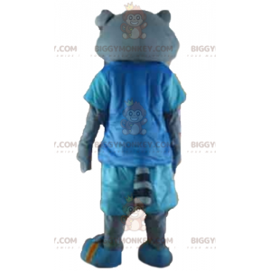 BIGGYMONKEY™ maskotdräkt av grå katt i blå outfit med glasögon