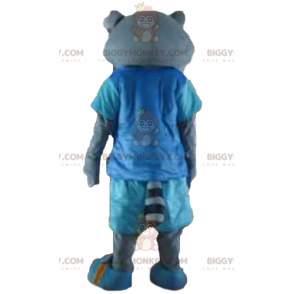 Traje de mascote BIGGYMONKEY™ de gato cinza em traje azul com óculos - Mascotes de gatos - BIGGYMONKEY_03120 - BiggyMonkey.com