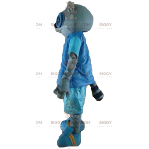 BIGGYMONKEY™ maskotkostume af grå kat i blåt outfit med briller
