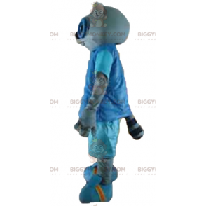 BIGGYMONKEY™ maskotdräkt av grå katt i blå outfit med glasögon
