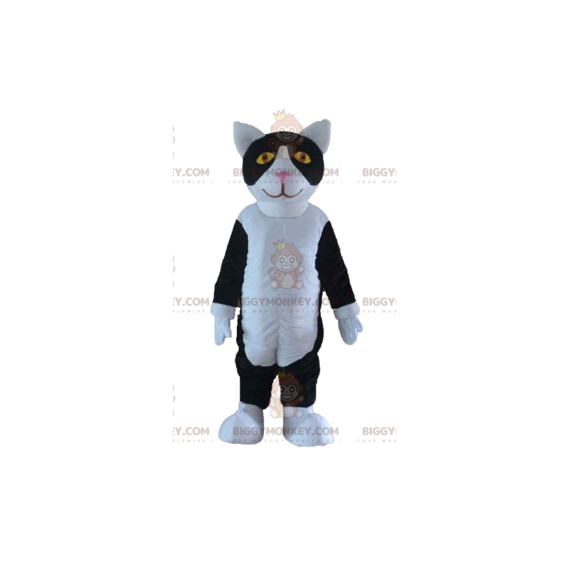 BIGGYMONKEY™ maskottiasu Mustavalkoinen kissa keltaisilla BIGGYMONKEY™ maskottiasu Mustavalkoinen kissa keltaisilla