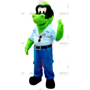 BIGGYMONKEY™ maskottiasu Vihreä denim-dinosaur sinisellä paidalla - Dinosaurusten maskotit - BIGGYMONKEY_0369 - BiggyMonkey.com