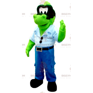 Costume de mascotte BIGGYMONKEY™ de dinosaure vert en jean avec