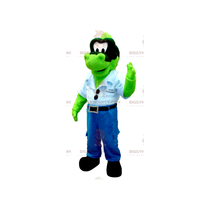 BIGGYMONKEY™ maskottiasu Vihreä denim-dinosaur sinisellä BIGGYMONKEY™ maskottiasu Vihreä denim-dinosaur sinisellä
