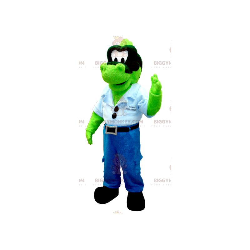 Kostým BIGGYMONKEY™ maskot Zelený denim Dinosaurus s modrou