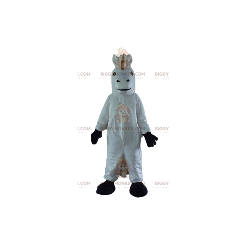 Traje de mascote de unicórnio de cavalo branco e preto