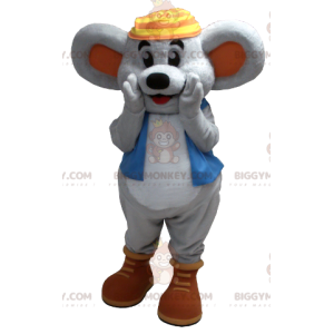 Στολή μασκότ Smiling Grey Mouse BIGGYMONKEY™ με μπλε γιλέκο - Μασκότ ποντικιού - BIGGYMONKEY_0371 - BiggyMonkey.com