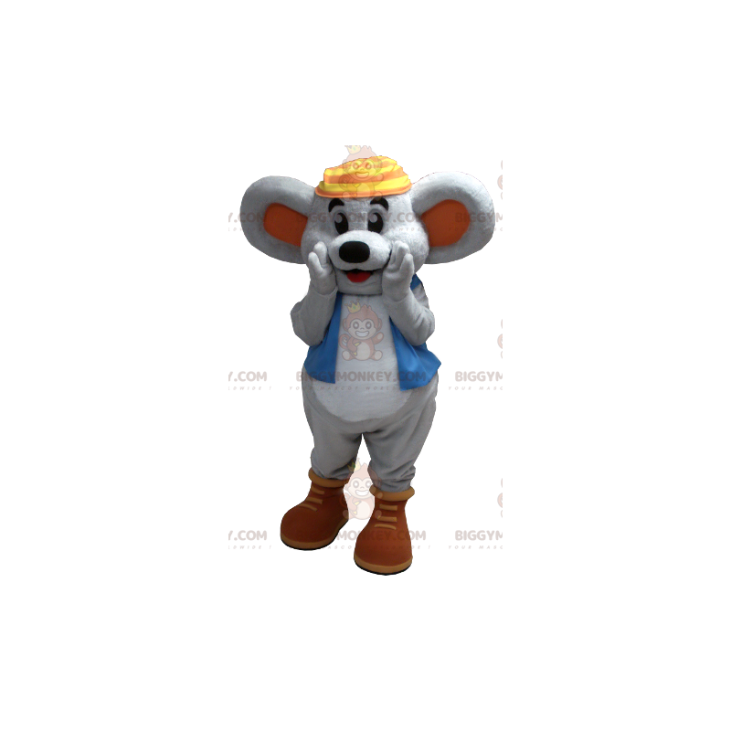 Smilende grå mus BIGGYMONKEY™ maskotkostume med blå vest - Smilende grå mus BIGGYMONKEY™ maskotkostume med blå vest -
