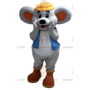 Στολή μασκότ Smiling Grey Mouse BIGGYMONKEY™ με μπλε γιλέκο - Μασκότ ποντικιού - BIGGYMONKEY_0371 - BiggyMonkey.com