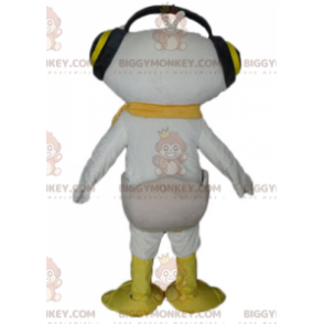 Hvid og gul and BIGGYMONKEY™ maskotkostume med hovedtelefoner over ørerne - Ænder maskot - BIGGYMONKEY_03150 - BiggyMonkey.com
