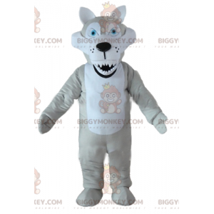 Kostium maskotki BIGGYMONKEY™ Szary i biały wilk z niebieskimi