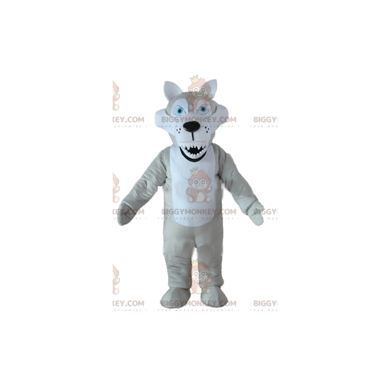 BIGGYMONKEY™ maskotkostume Grå og hvid ulv med blå øjne og BIGGYMONKEY™ maskotkostume Grå og hvid ulv med blå øjne og
