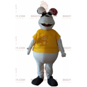 Plump White Rabbit BIGGYMONKEY™ Maskottchen-Kostüm mit gelbem