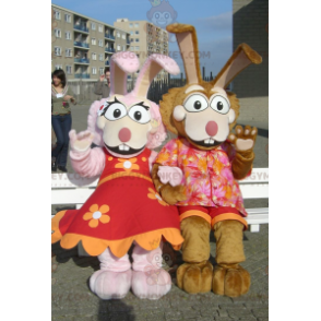 Maskottchen BIGGYMONKEY™s rosa und braunes Häschenpaar -