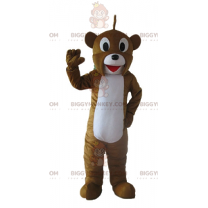 Traje de mascote de urso marrom e branco sorridente amigável