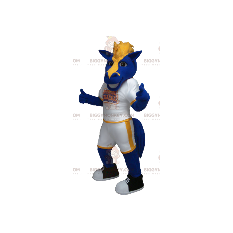 Traje de mascote de cavalo azul e amarelo BIGGYMONKEY™ –
