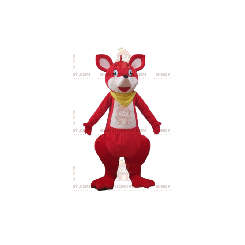 BIGGYMONKEY™ maskottiasu Punavalkoinen kenguru keltaisella BIGGYMONKEY™ maskottiasu Punavalkoinen kenguru keltaisella