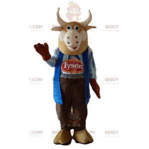 BIGGYMONKEY™ Brown Bull Cow Mascot Costume Dressed As Farmer -
